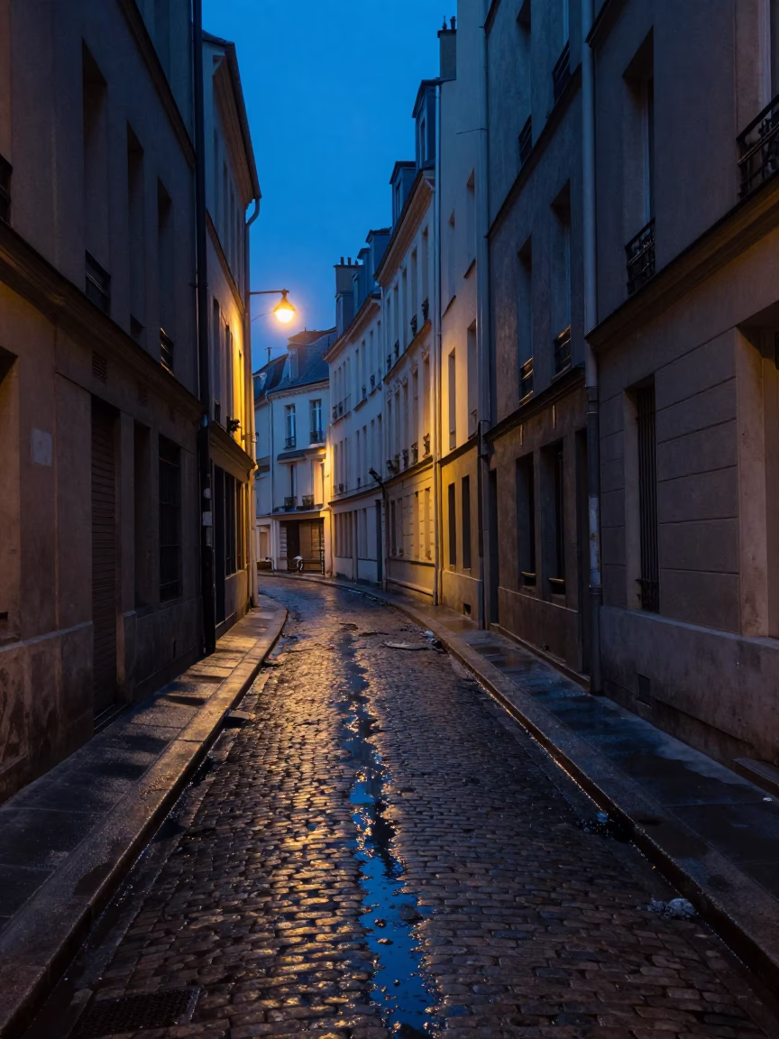 Blue Hour Street Scene in Paris France with Leaked Water and Urban Decay in in Paris, France