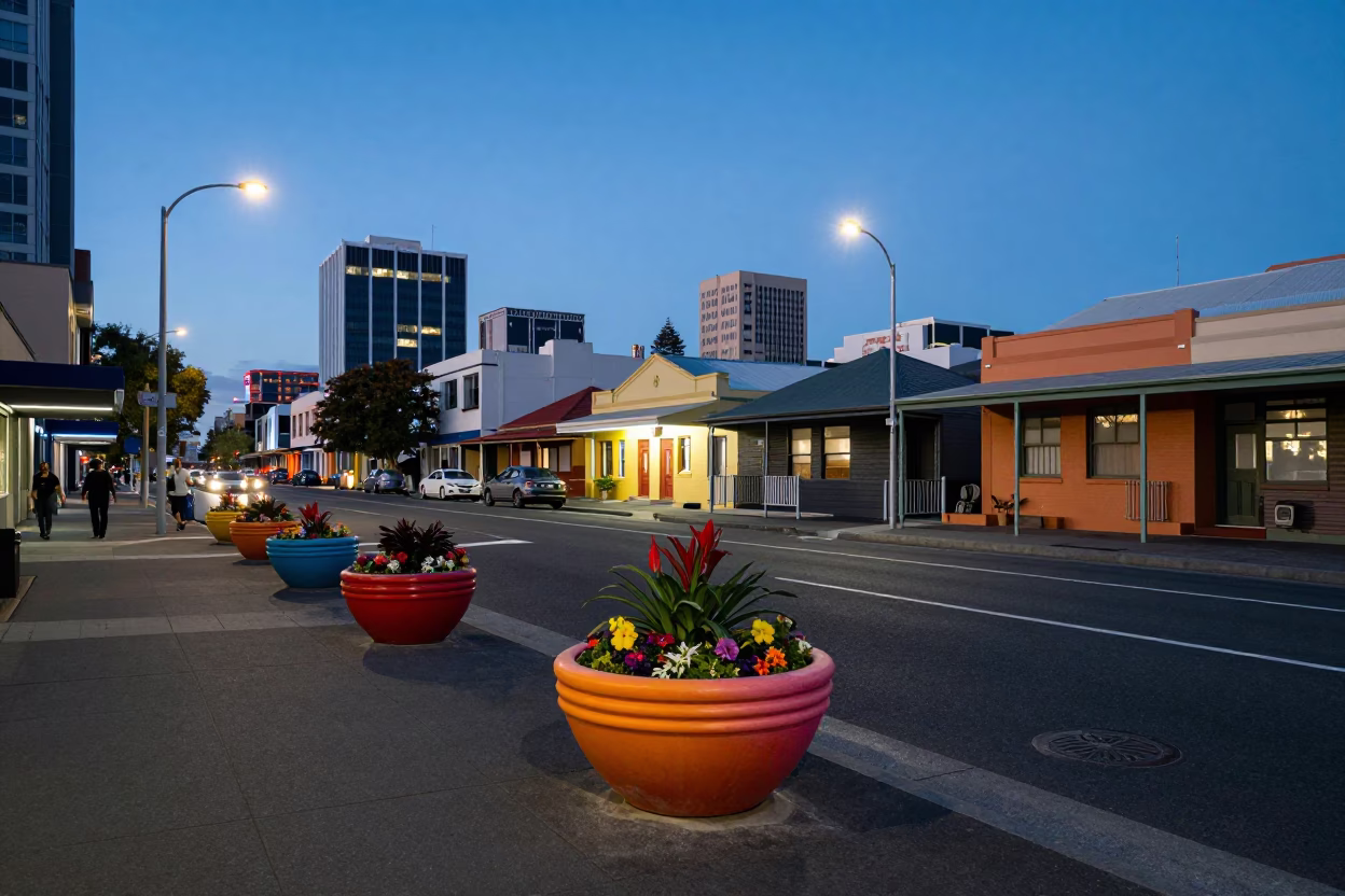 Blue Hour Street Scene in Perth Western Australia with Colorful Flowerpots and Urban Architecture in in Perth, Western Australia, Australia