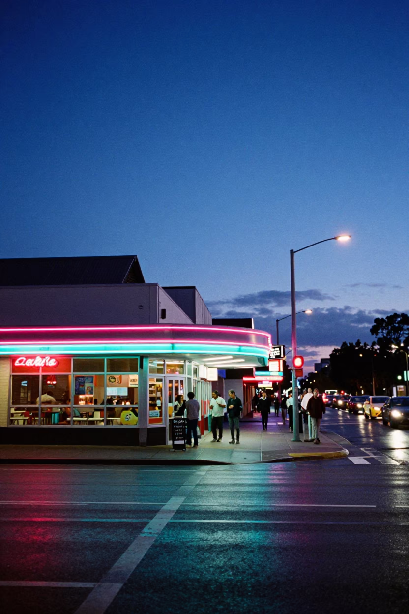 Blue Hour Street Scene in Perth Western Australia with Local Diner Details in in Perth, Western Australia, Australia