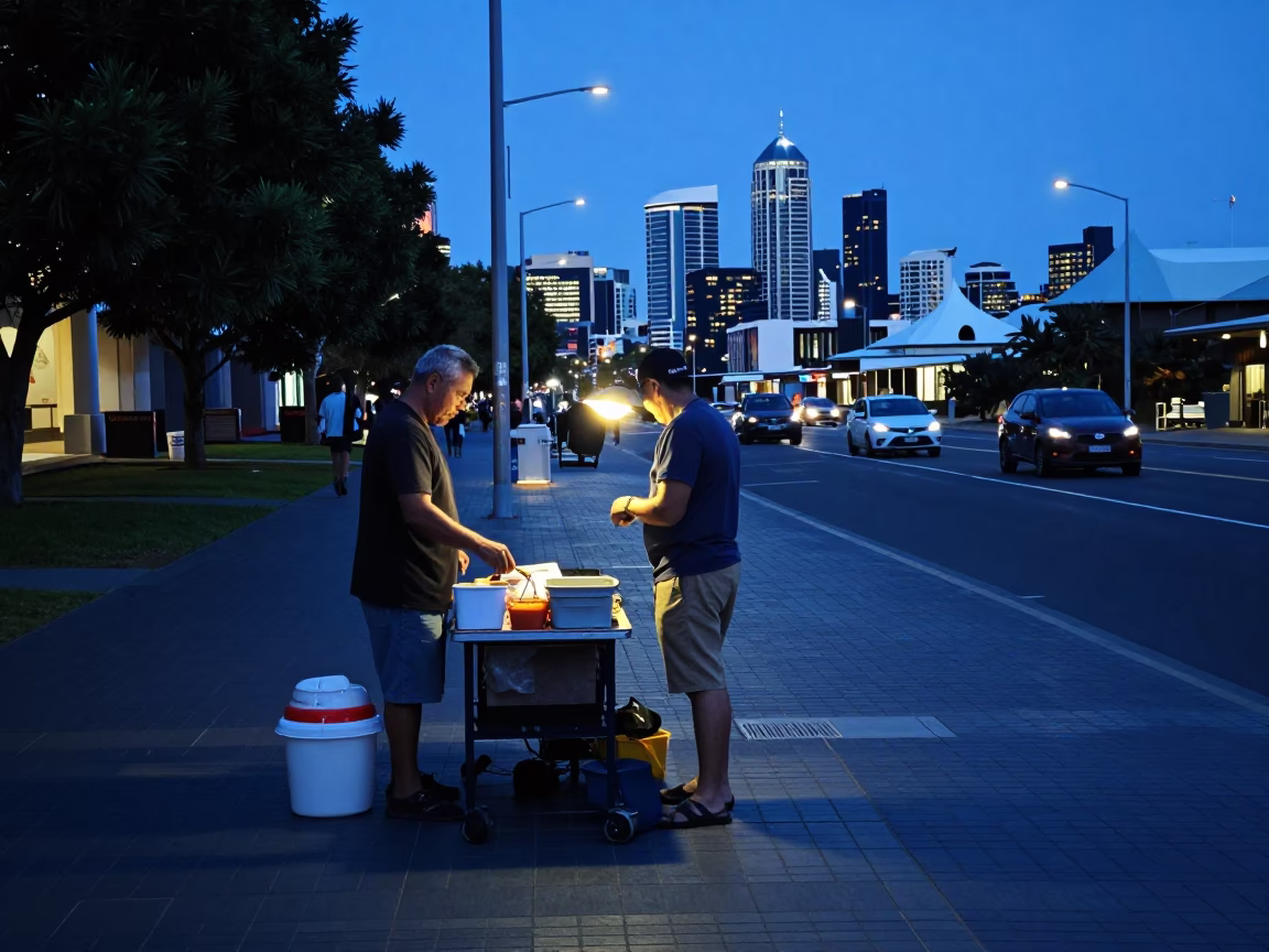 Blue Hour Street Scene in Perth Western Australia with Local Vendor in in Perth, Western Australia, Australia