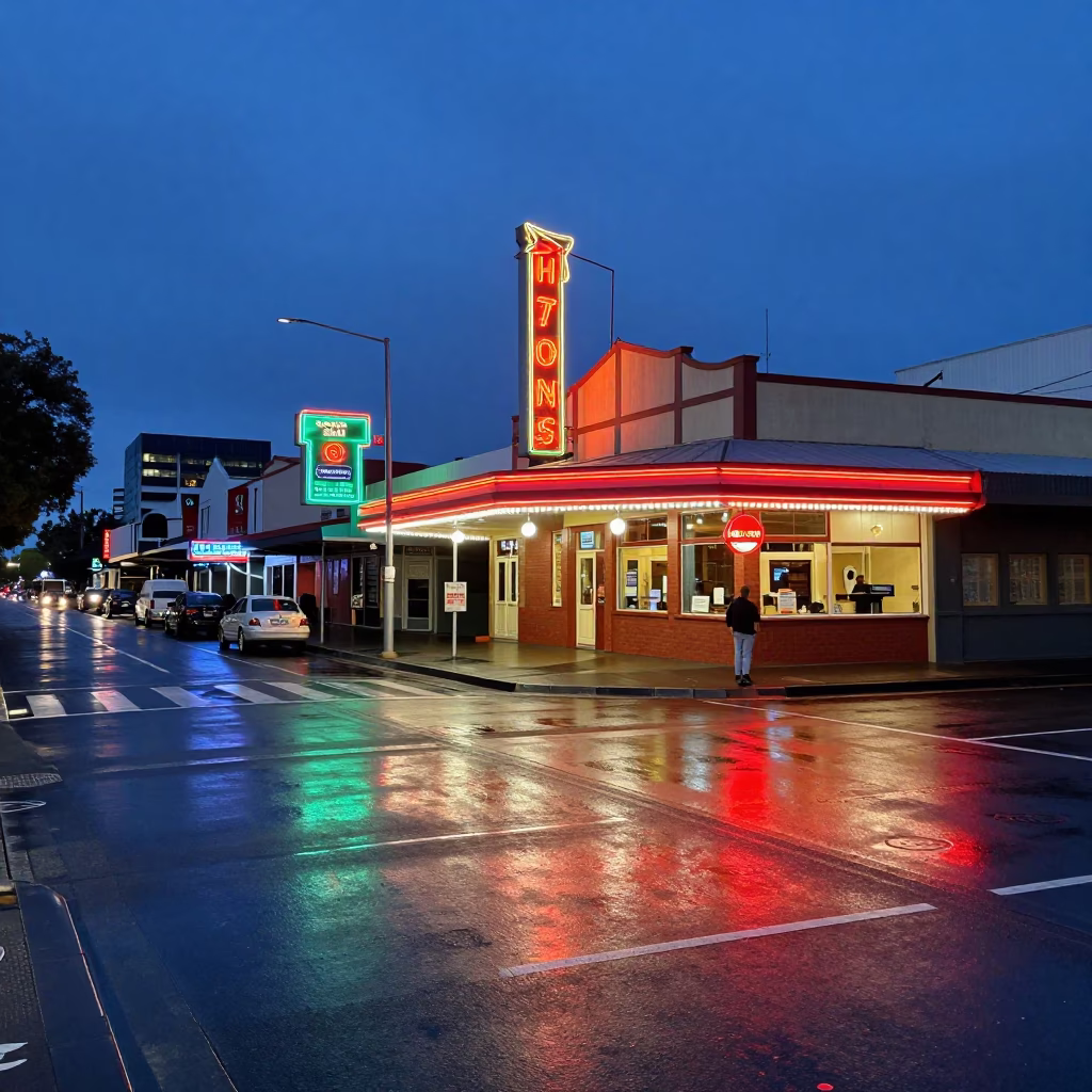 Blue Hour Street Scene in Perth Western Australia with Vintage 1960s Atmosphere in in Perth, Western Australia, Australia