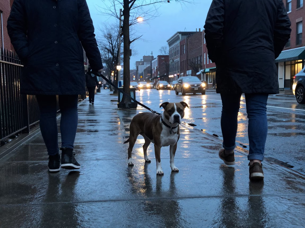 Blue Hour Street Scene in Philadelphia Pennsylvania with Dog and Rain in in Philadelphia, Pennsylvania, United States