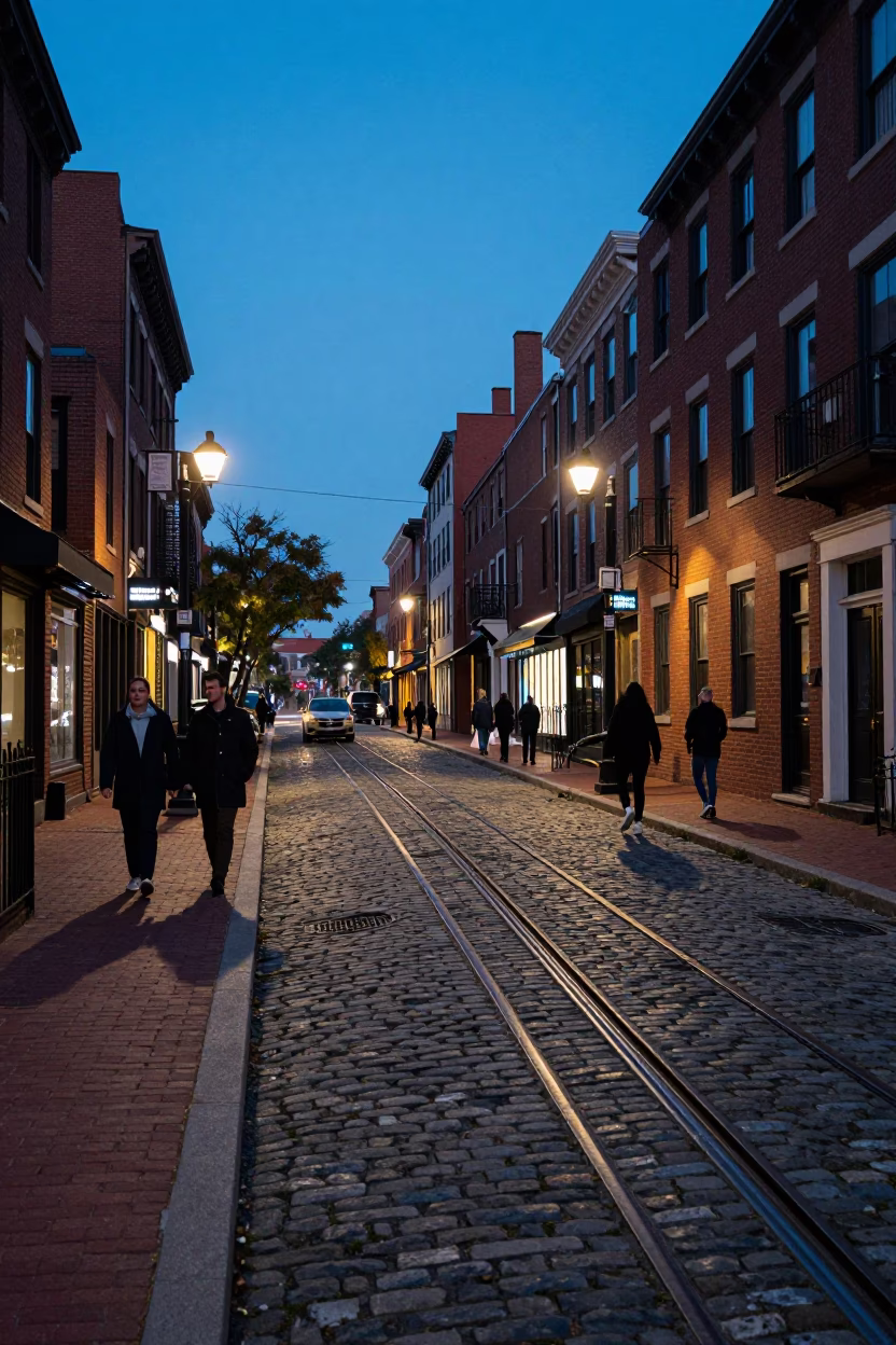 Blue Hour Street Scene in Philadelphia Pennsylvania with Funicular and Urban Details in in Philadelphia, Pennsylvania, United States