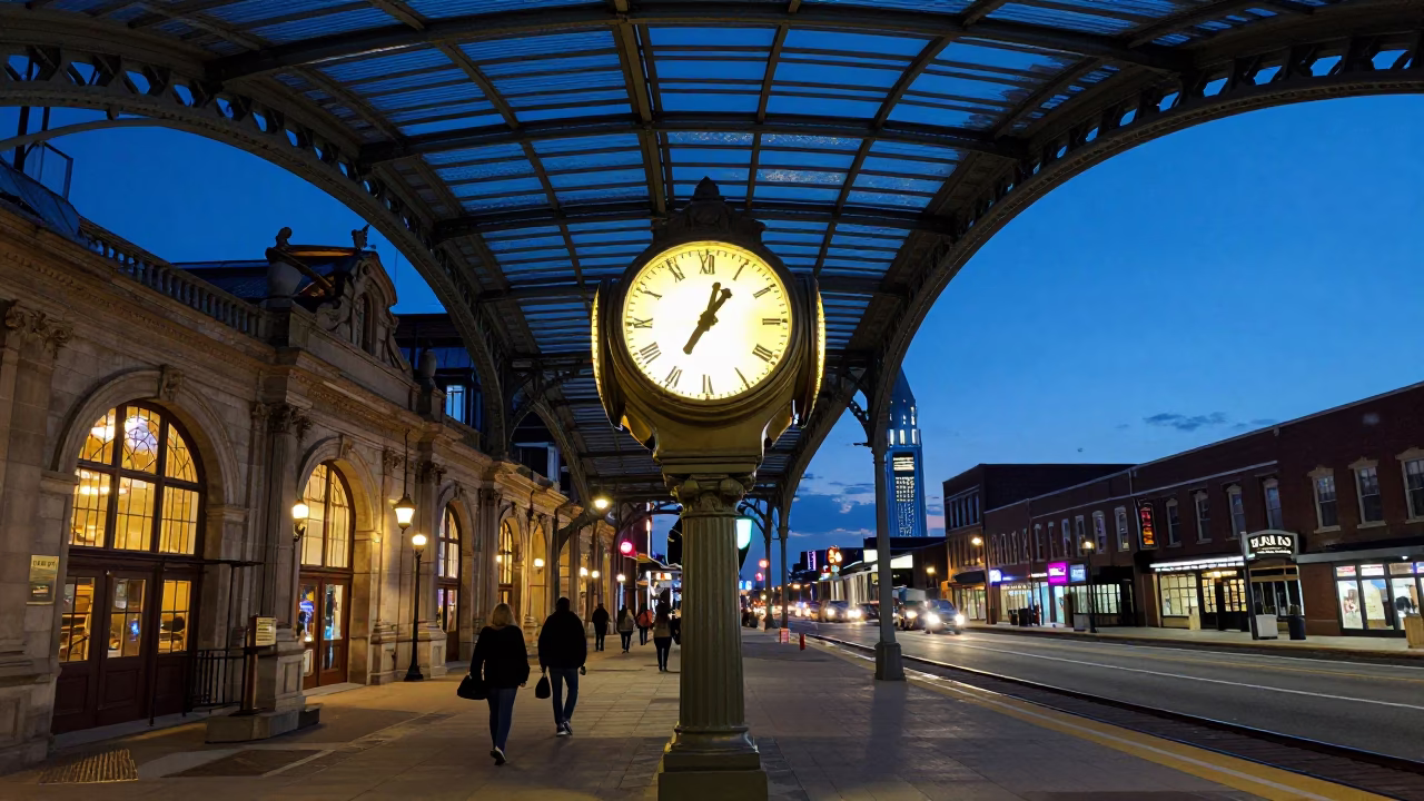 Blue Hour Street Scene in Philadelphia Pennsylvania with Train Station Clock and Canaan Dog in in Philadelphia, Pennsylvania, United States
