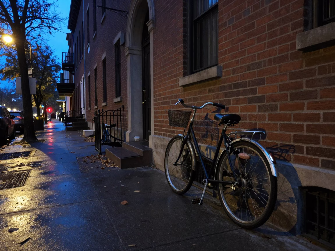 Blue Hour Street Scene in Philadelphia Pennsylvania with Vintage Bicycle and Wet Leaves in in Philadelphia, Pennsylvania, United States