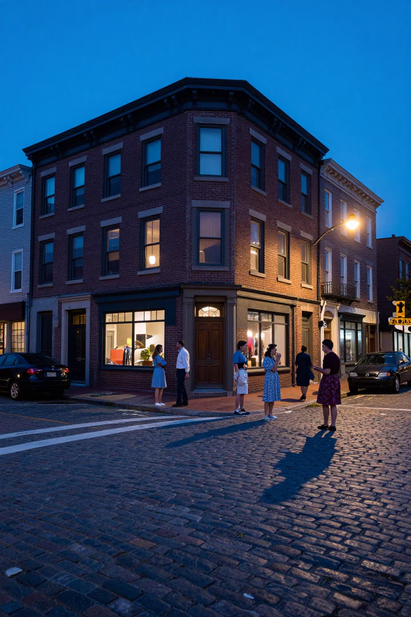 Blue Hour Street Scene in Philadelphia Pennsylvania with Vintage Details and Urban Architecture in in Philadelphia, Pennsylvania, United States