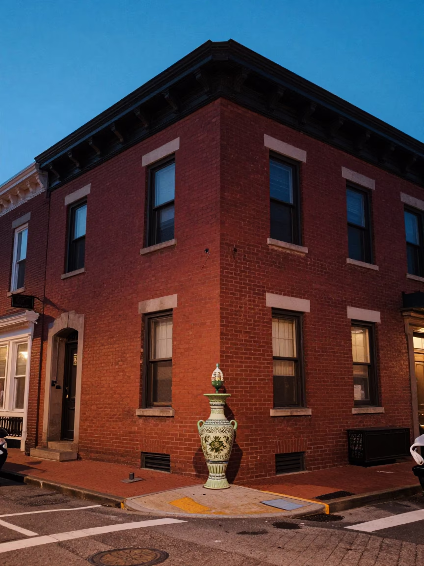 Blue Hour Street Scene in Philadelphia Pennsylvania with Vintage Drinking Vessel and Urban Details in in Philadelphia, Pennsylvania, United States