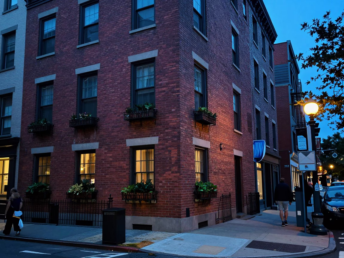 Blue Hour Street Scene in Philadelphia Pennsylvania with Window Box and Urban Details in in Philadelphia, Pennsylvania, United States