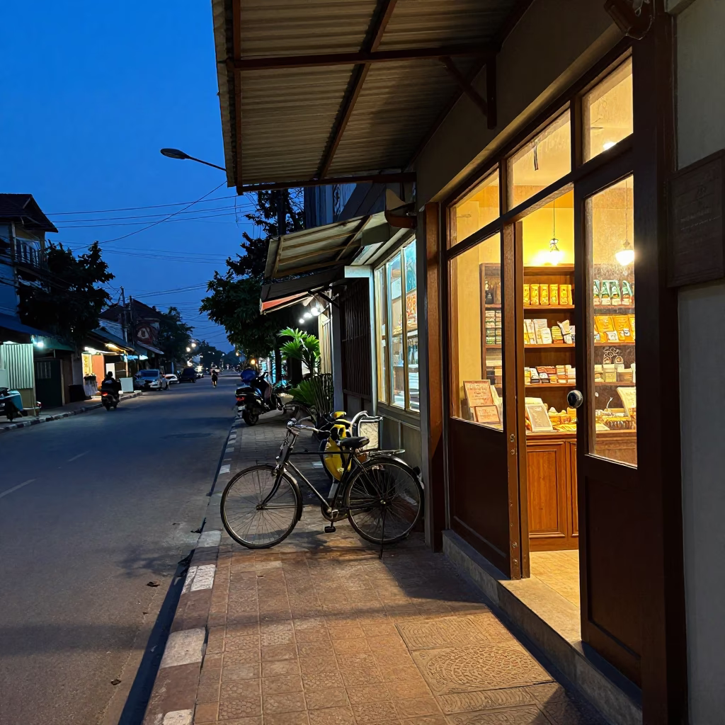 Blue Hour Street Scene in Phnom Penh Cambodia with Bicycle and Bakery in in Phnom Penh, Cambodia