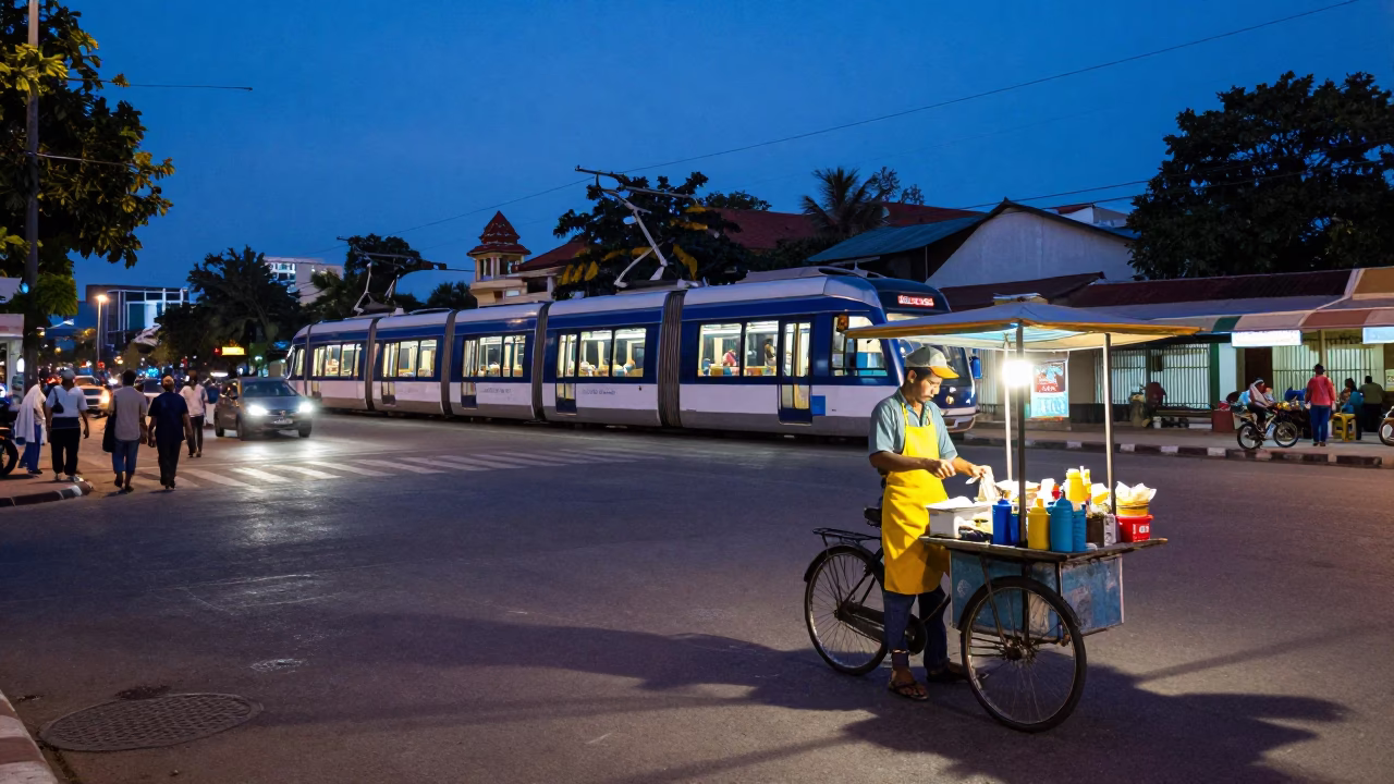 Blue Hour Street Scene in Phnom Penh Cambodia with Bicycle and Monorail in in Phnom Penh, Cambodia