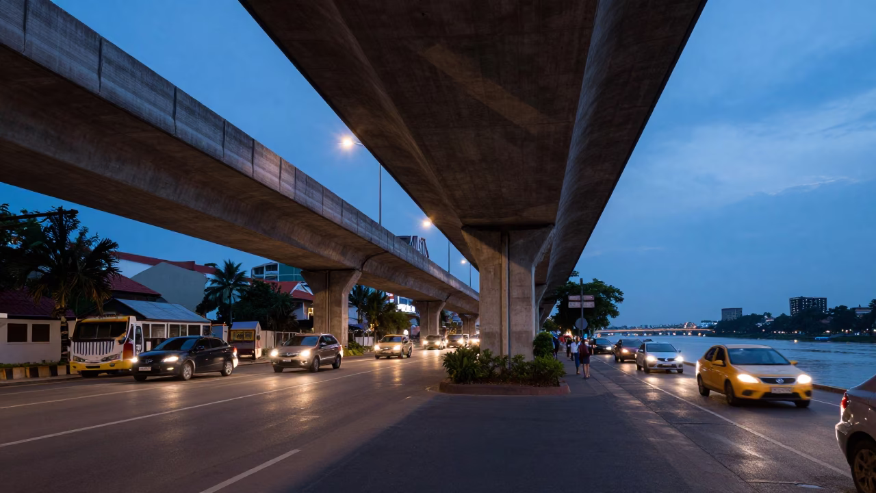 Blue Hour Street Scene in Phnom Penh Cambodia with Flyover Shadows and River Activity in in Phnom Penh, Cambodia
