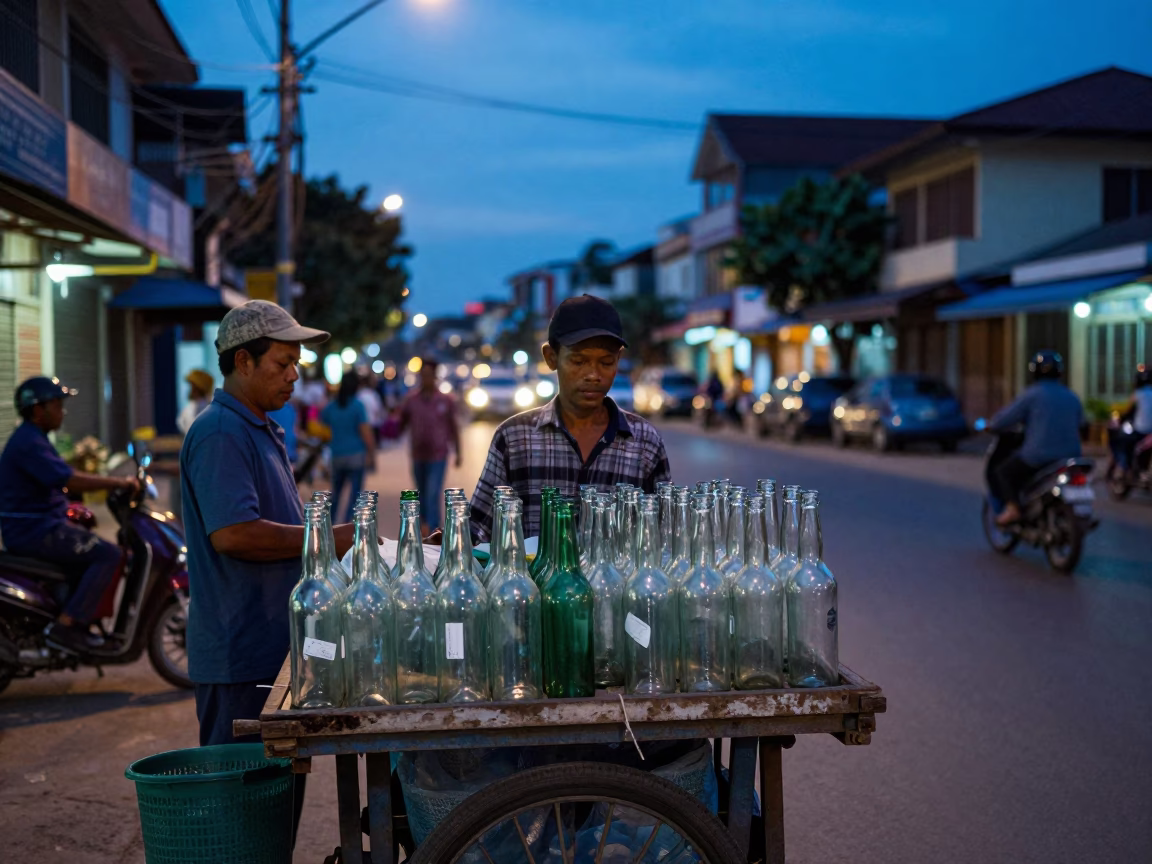 Blue Hour Street Scene in Phnom Penh Cambodia with Glass Bottles and Local Life in in Phnom Penh, Cambodia