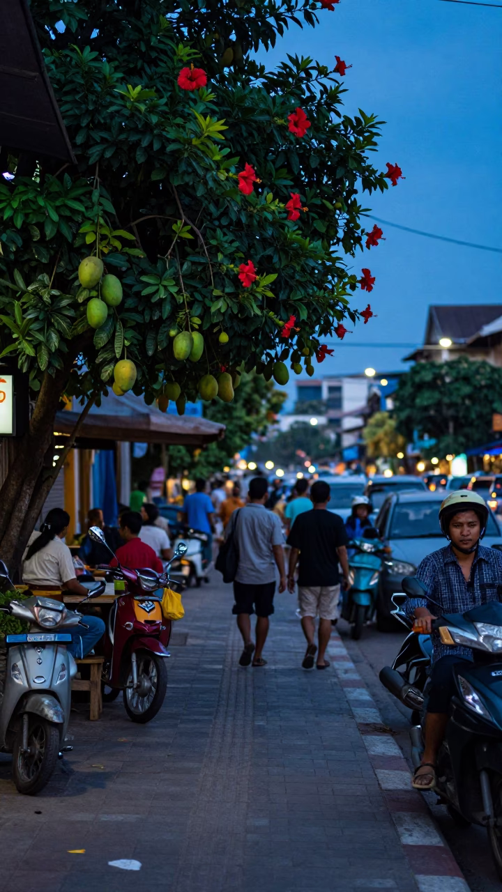 Blue Hour Street Scene in Phnom Penh Cambodia with Hibiscus and Mangoes in in Phnom Penh, Cambodia
