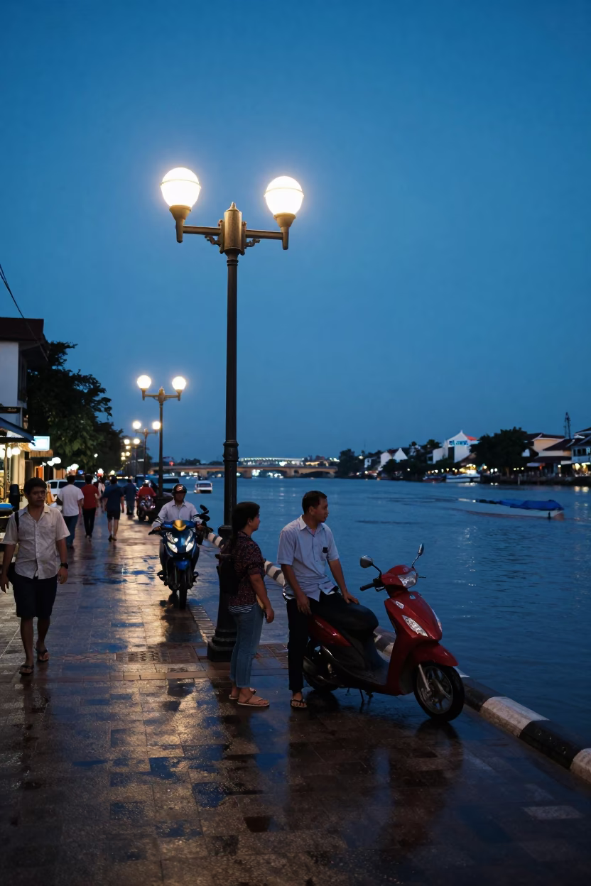 Blue Hour Street Scene in Phnom Penh Cambodia with Hurricane Lamp and Local Interaction in in Phnom Penh, Cambodia