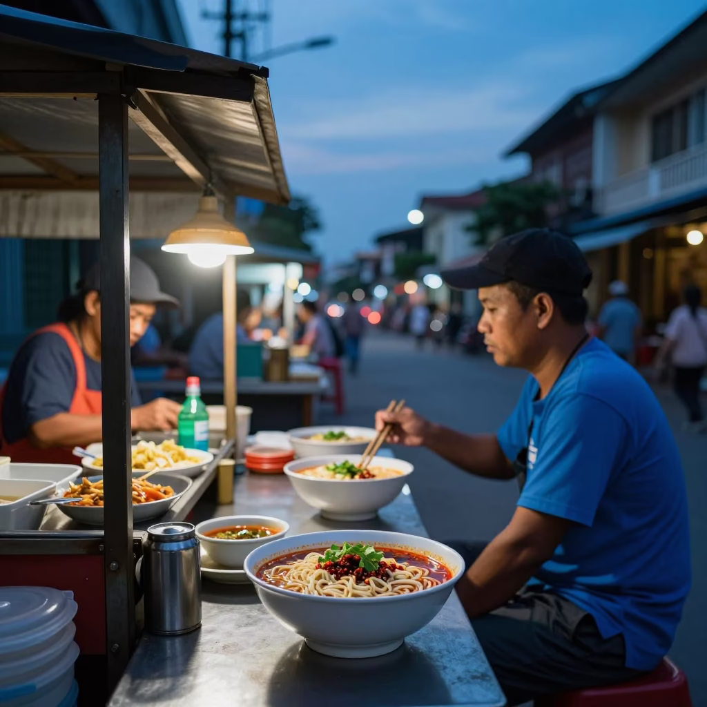 Blue Hour Street Scene in Phnom Penh Cambodia with Local Food and Vintage Details in in Phnom Penh, Cambodia