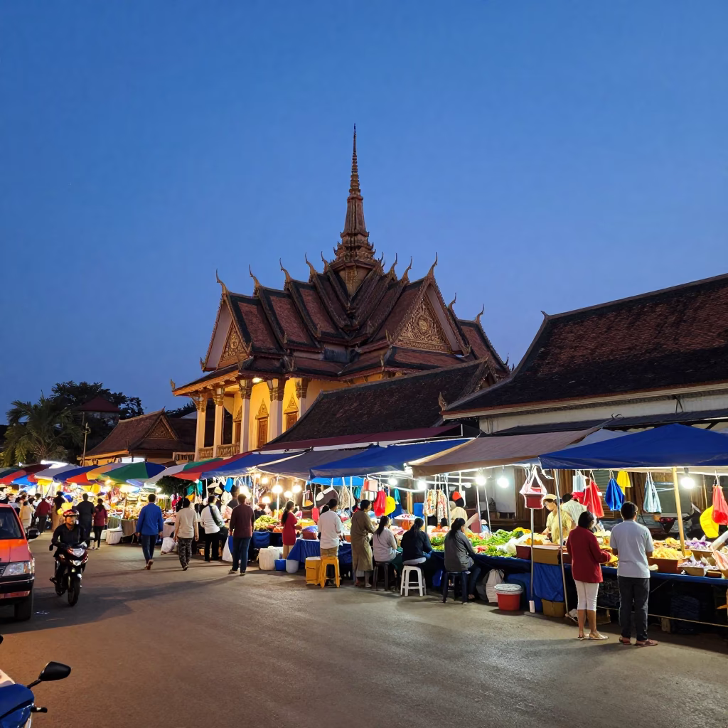 Blue Hour Street Scene in Phnom Penh Cambodia with Local Market Activity in in Phnom Penh, Cambodia
