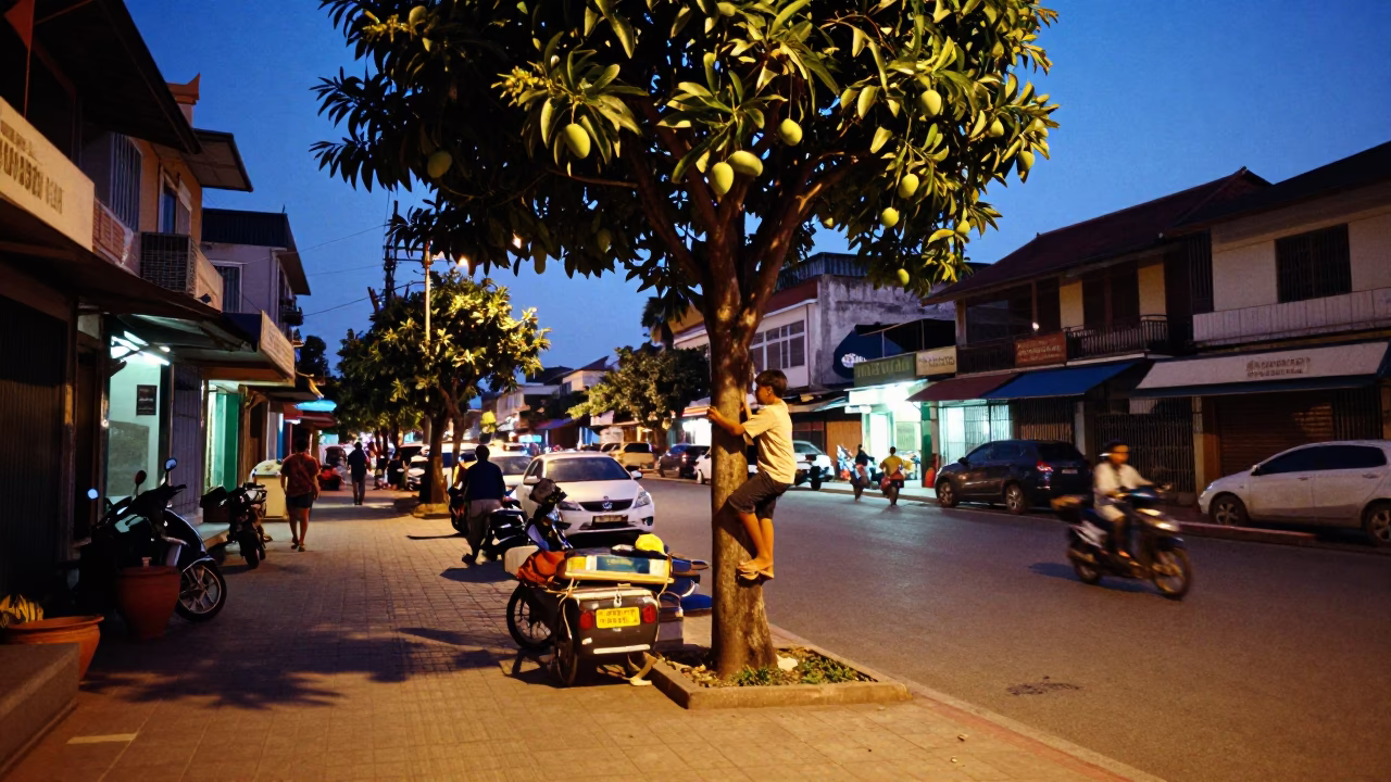Blue Hour Street Scene in Phnom Penh Cambodia with Local Vendor and Mango Tree in in Phnom Penh, Cambodia