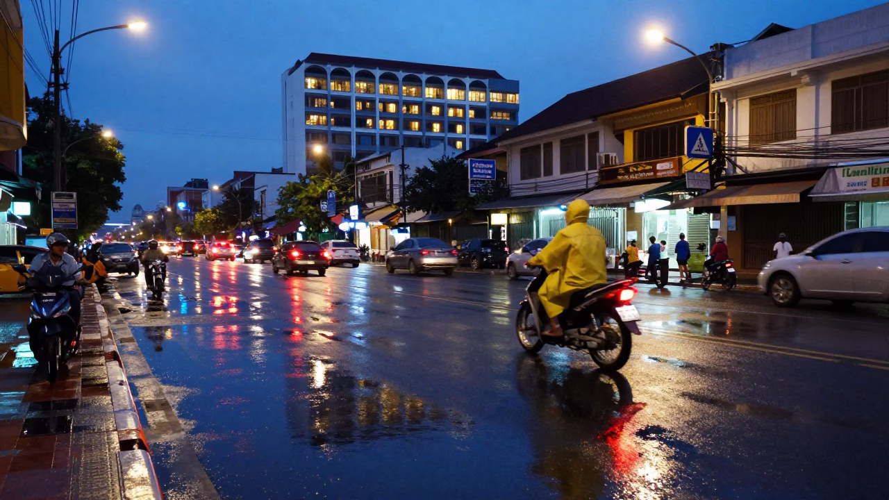 Blue Hour Street Scene in Phnom Penh Cambodia with Puddle Reflections and Tail Lights in in Phnom Penh, Cambodia
