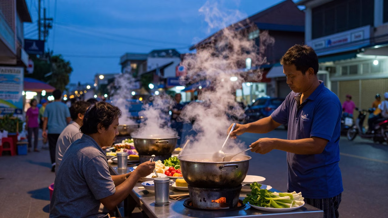 Blue Hour Street Scene in Phnom Penh Cambodia with Steaming Hotpot in in Phnom Penh, Cambodia