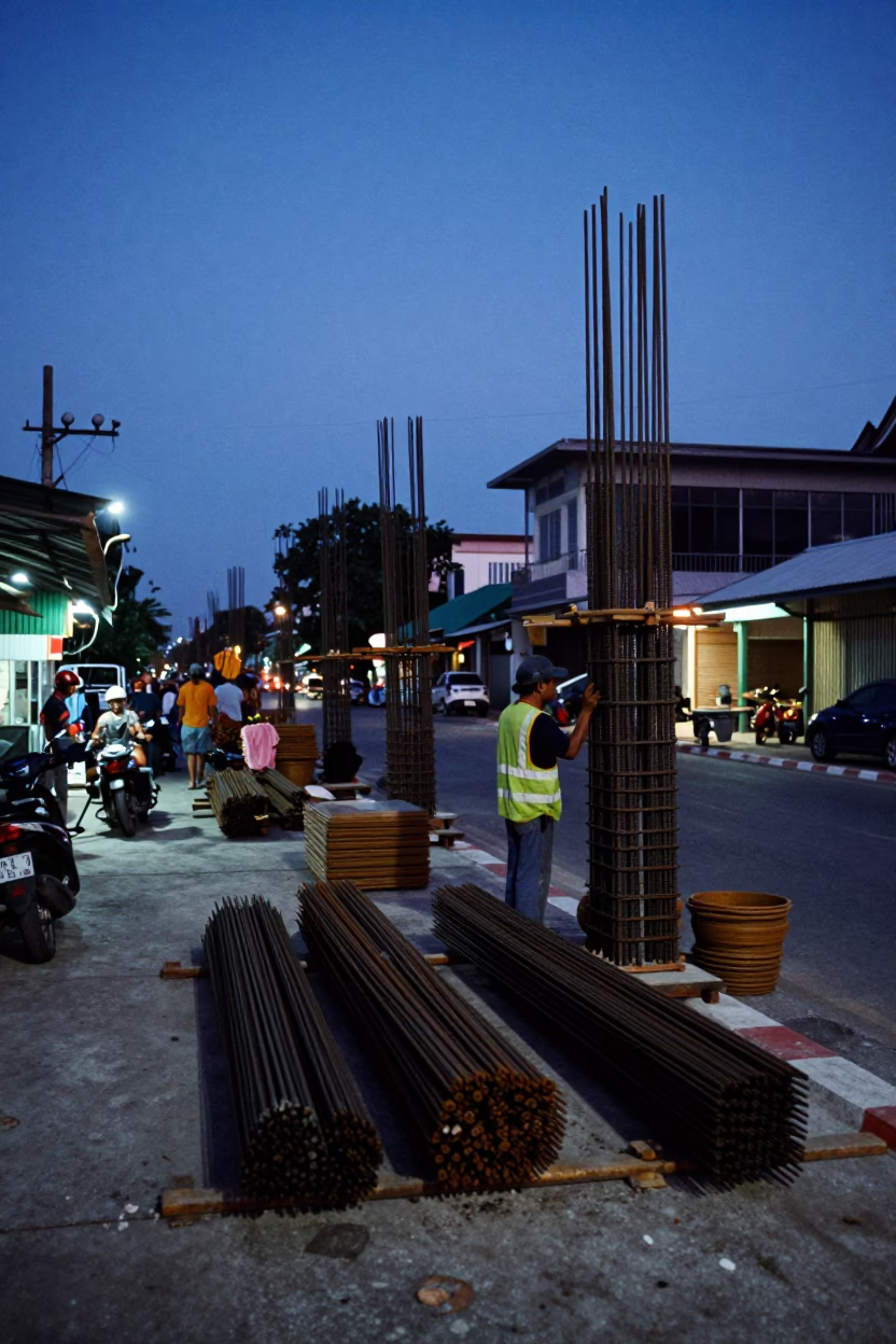 Blue Hour Street Scene in Phuket Thailand with Construction Materials and Local Life in in Phuket, Thailand