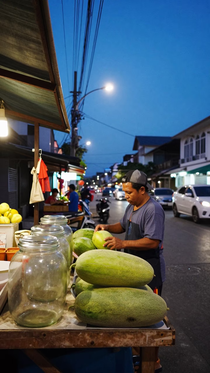 Blue Hour Street Scene in Phuket Thailand with Glass Jar and Melons in in Phuket, Thailand