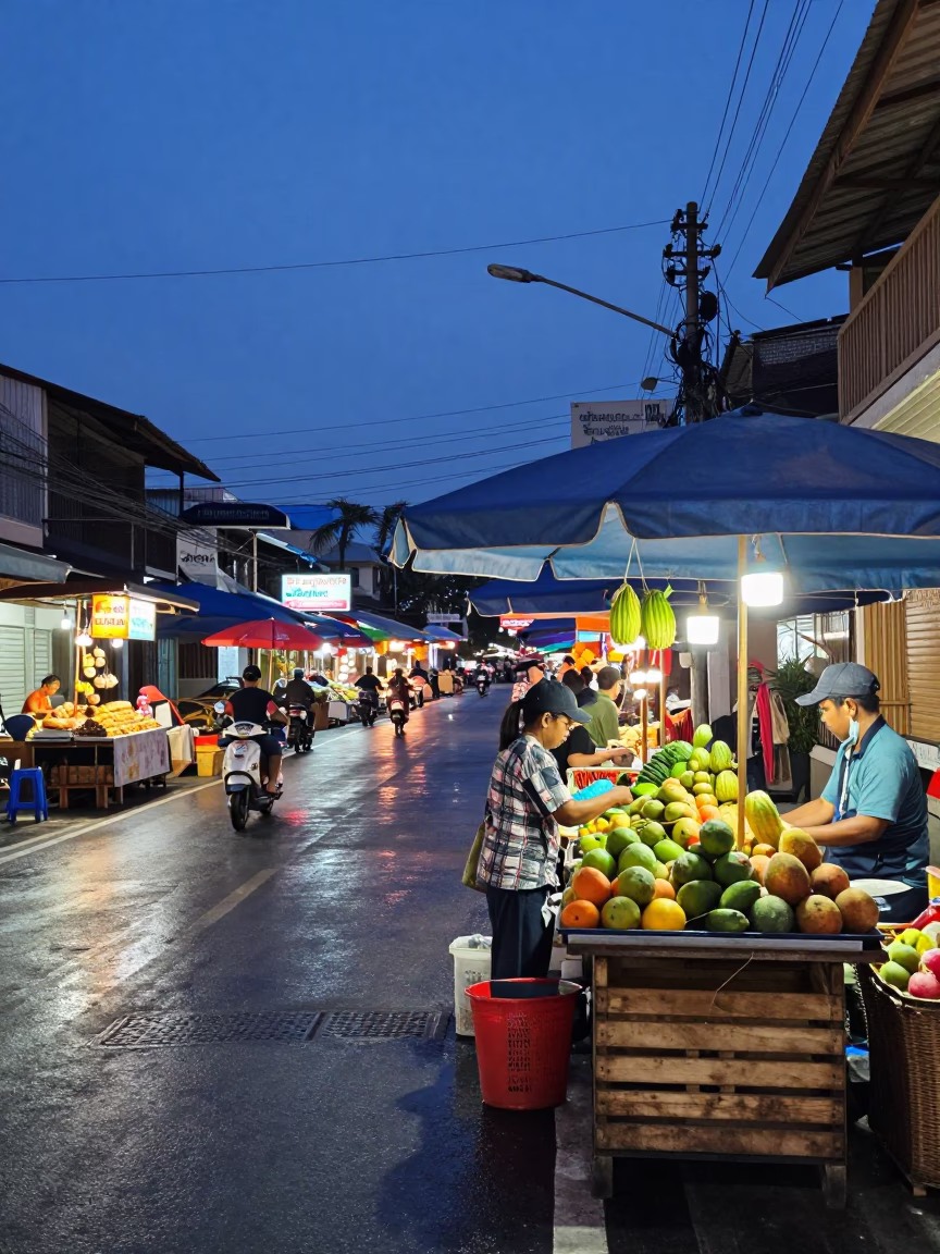 Blue Hour Street Scene in Phuket Thailand with Local Market Details in in Phuket, Thailand