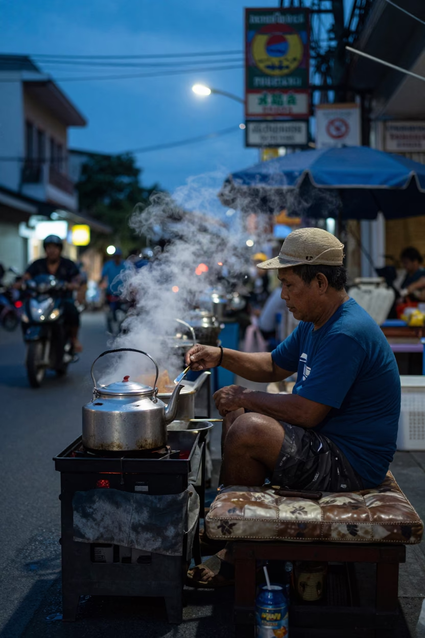 Blue Hour Street Scene in Phuket Thailand with Local Vendor in in Phuket, Thailand