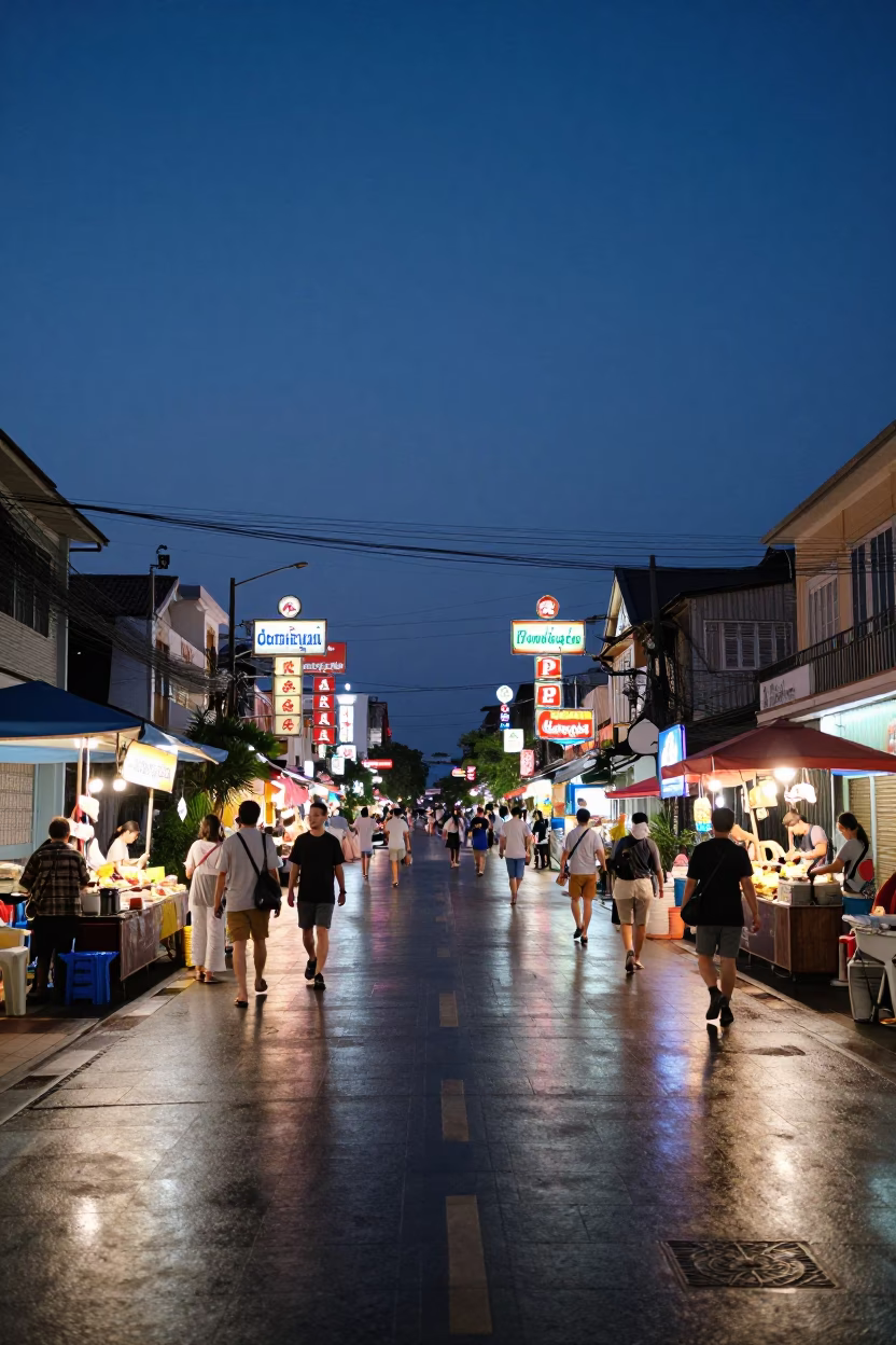Blue Hour Street Scene in Phuket Thailand with Neon Lights and Local Vendors in in Phuket, Thailand