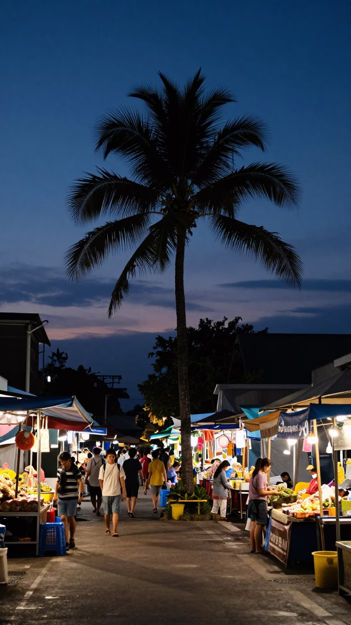 Blue Hour Street Scene in Phuket Thailand with Palm Silhouette and Local Market Activity in in Phuket, Thailand