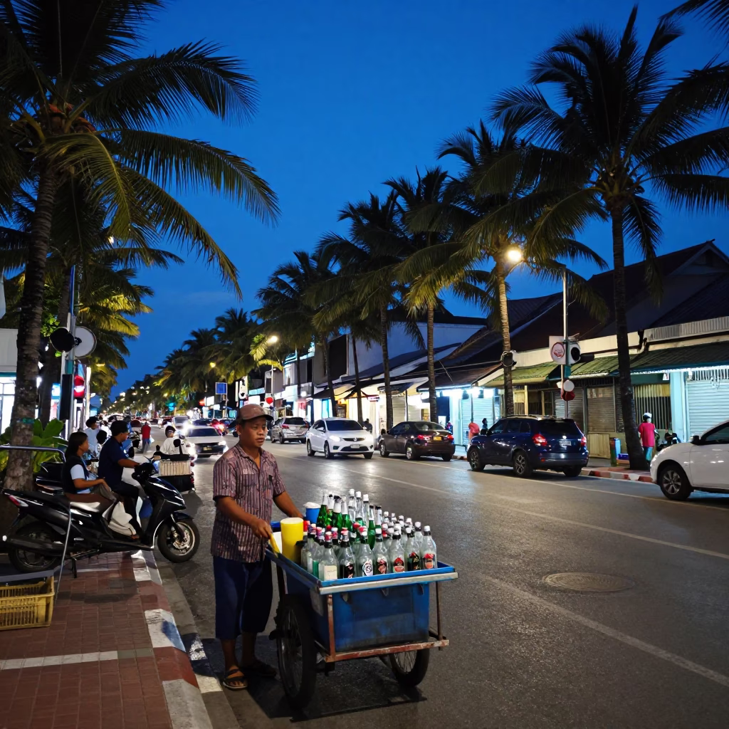 Blue Hour Street Scene in Phuket Thailand with Palm Trees and Glass Bottles in in Phuket, Thailand
