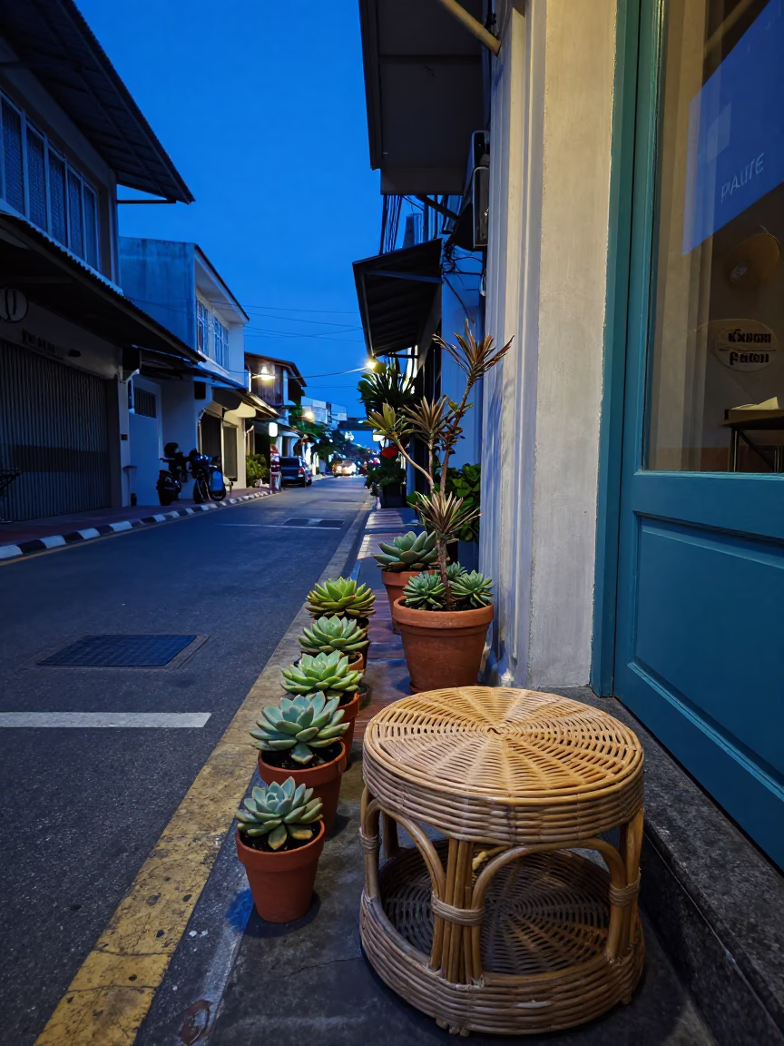 Blue Hour Street Scene in Phuket Thailand with Rattan Stool and Succulents in in Phuket, Thailand