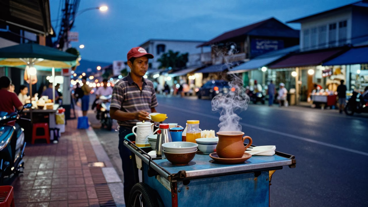 Blue Hour Street Scene in Phuket Thailand with Steaming Tea and Local Commerce in in Phuket, Thailand