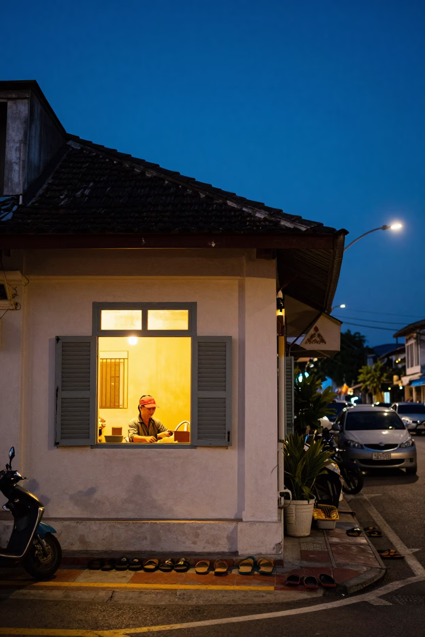 Blue Hour Street Scene in Phuket Thailand with Window Light and Slippers in in Phuket, Thailand