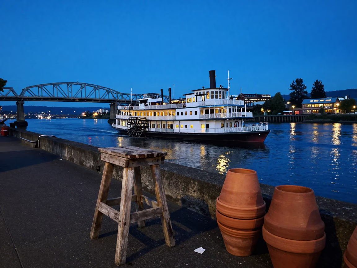 Blue Hour Street Scene in Portland Oregon with Paddlewheel Steamboat on the Willamette River in in Portland, Oregon, United States