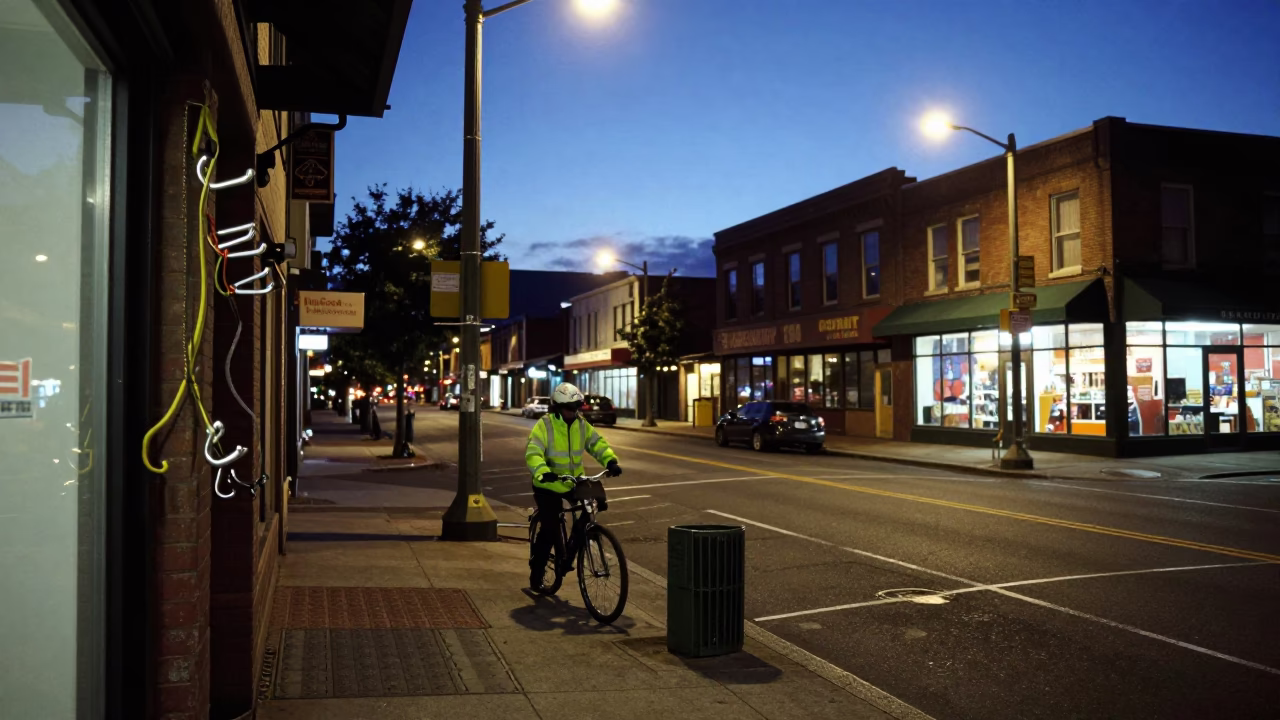 Blue Hour Street Scene in Portland Oregon with Tool Hooks and Urban Evening Light in in Portland, Oregon, United States