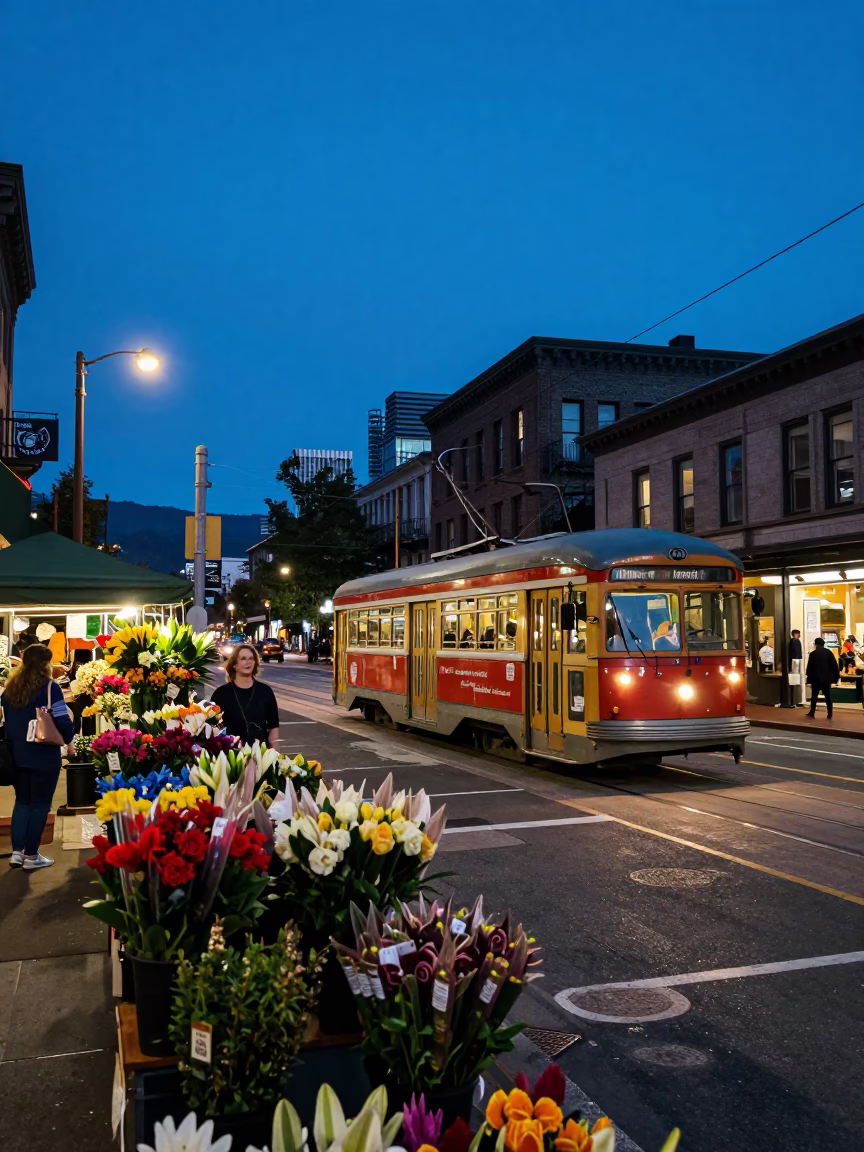 Blue Hour Street Scene in Portland Oregon with Tram and Flower Market in in Portland, Oregon, United States