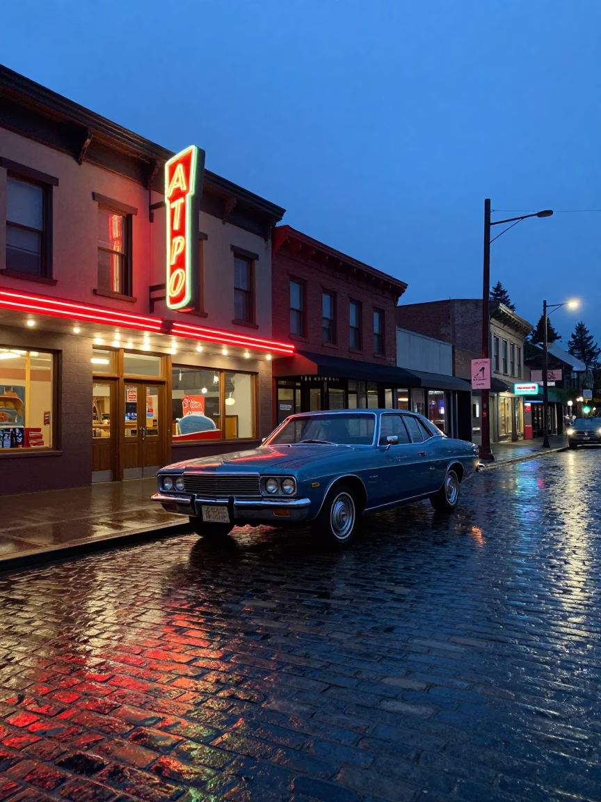 Blue Hour Street Scene in Portland Oregon with Vintage Car and Wet Pavement Reflections in in Portland, Oregon, United States
