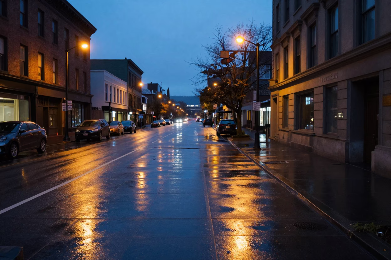 Blue Hour Street Scene in Portland Oregon with Wet Pavement and Urban Reflections in in Portland, Oregon, United States