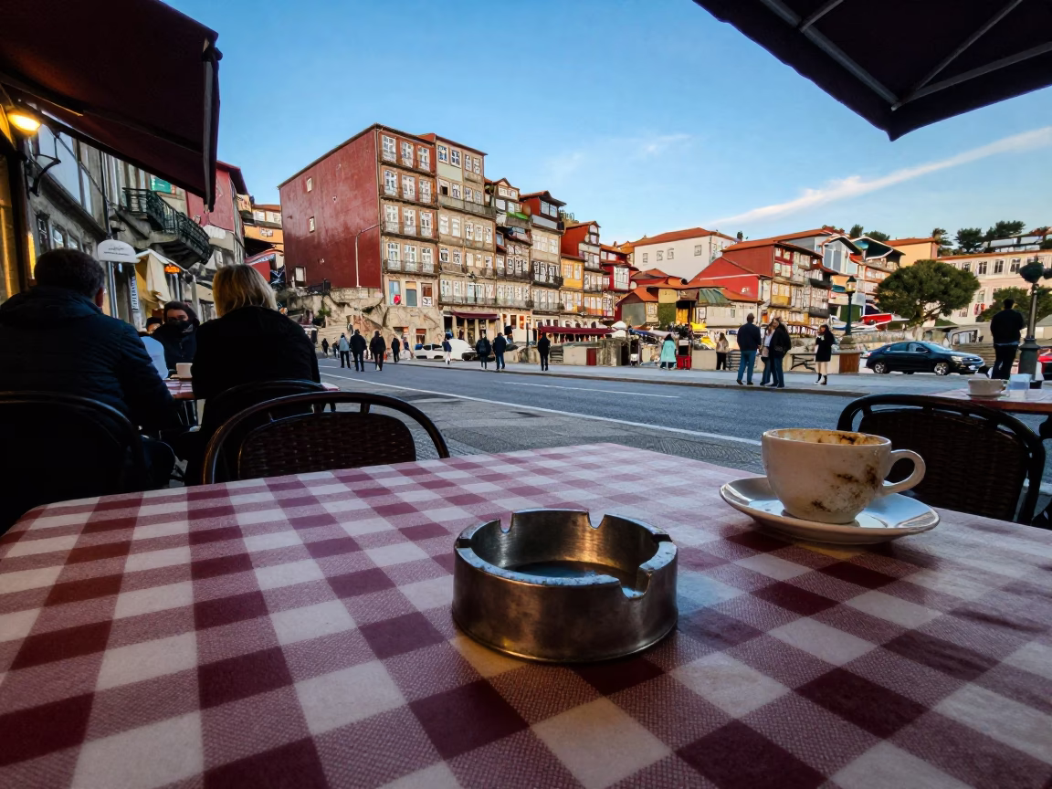 Blue Hour Street Scene in Porto Portugal with Ashtray on Café Table in in Porto, Portugal