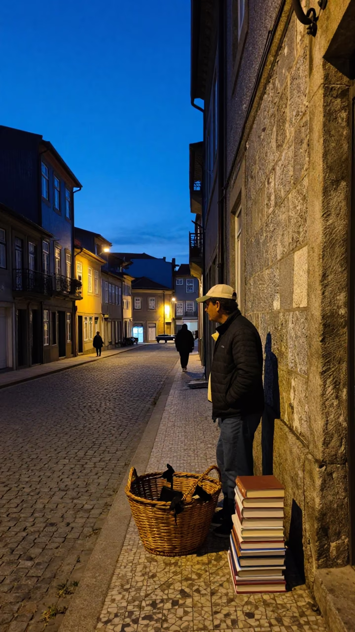 Blue Hour Street Scene in Porto Portugal with Basket and Books in in Porto, Portugal
