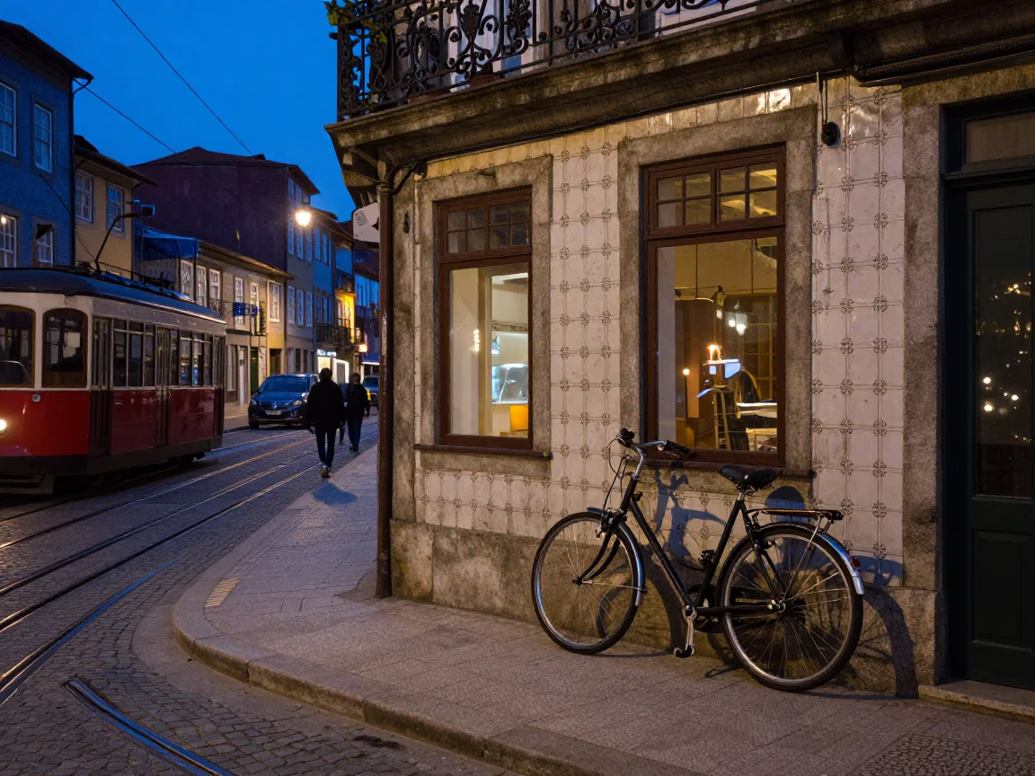 Blue Hour Street Scene in Porto Portugal with Bicycle and Funicular in in Porto, Portugal
