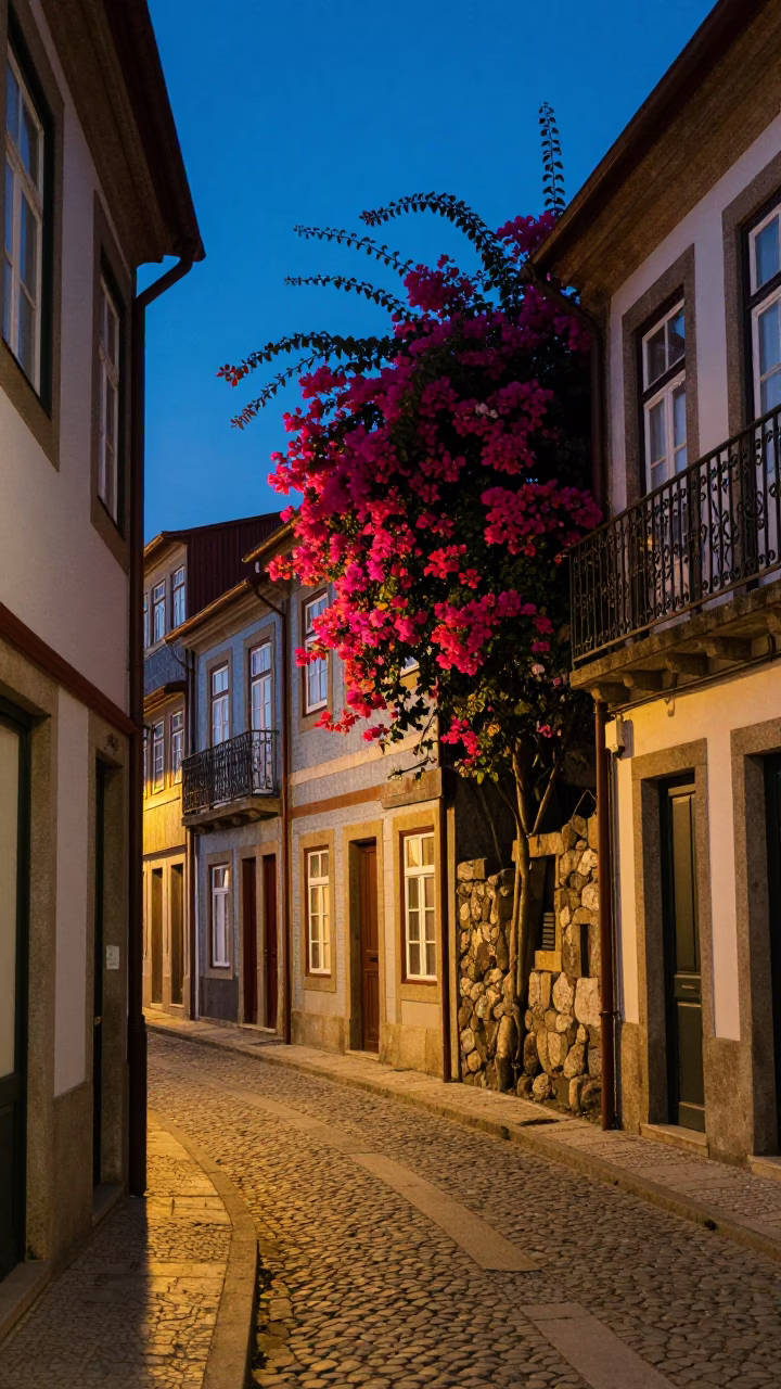 Blue Hour Street Scene in Porto Portugal with Bougainvillea and Traditional Architecture in in Porto, Portugal