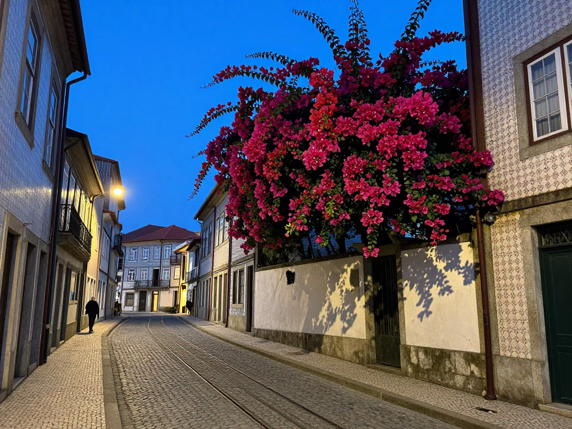 Blue Hour Street Scene in Porto Portugal with Bougainvillea and Tram in in Porto, Portugal