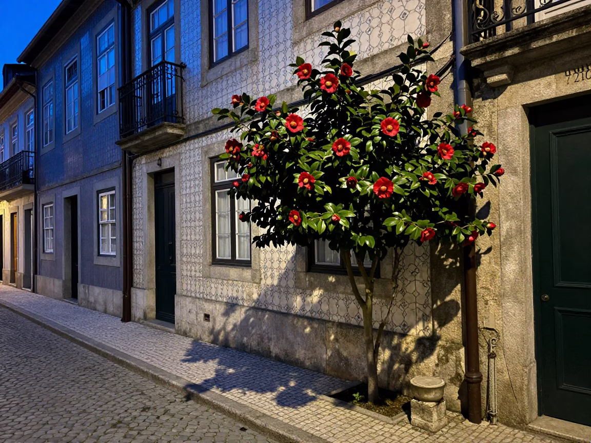 Blue Hour Street Scene in Porto Portugal with Camellia Flowers and Vintage Details in in Porto, Portugal