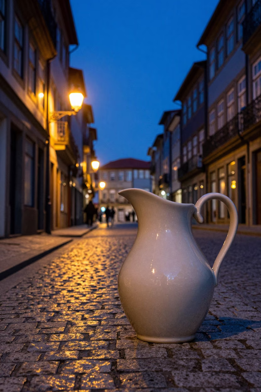Blue Hour Street Scene in Porto Portugal with Ceramic Pitcher and Latch Detail in in Porto, Portugal