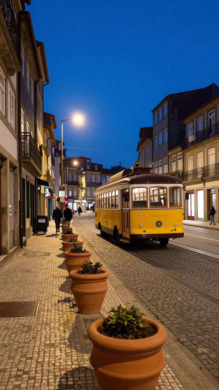 Blue Hour Street Scene in Porto Portugal with Clay Pots and Classic Bus in in Porto, Portugal