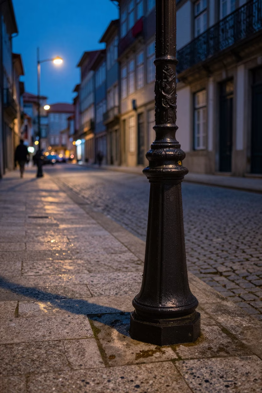 Blue Hour Street Scene in Porto Portugal with Condensation on Vintage Lamp Base in in Porto, Portugal