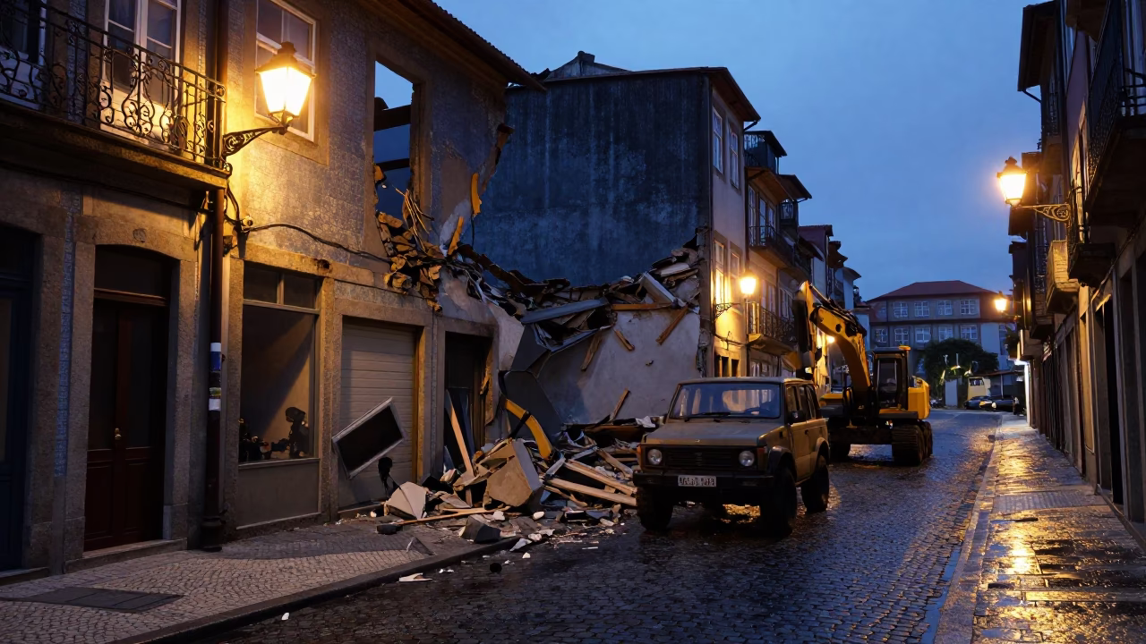 Blue Hour Street Scene in Porto Portugal with Demolition and Vintage SUV in in Porto, Portugal