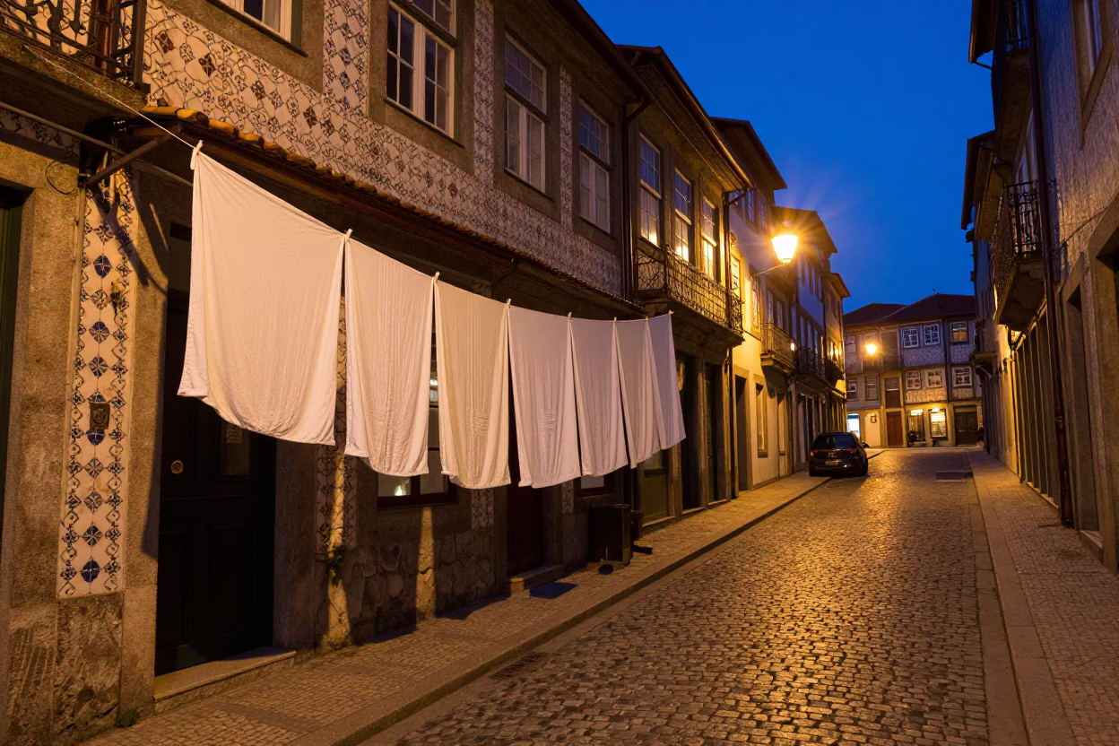 Blue Hour Street Scene in Porto Portugal with Drying Towels and Wicker Shadows in in Porto, Portugal
