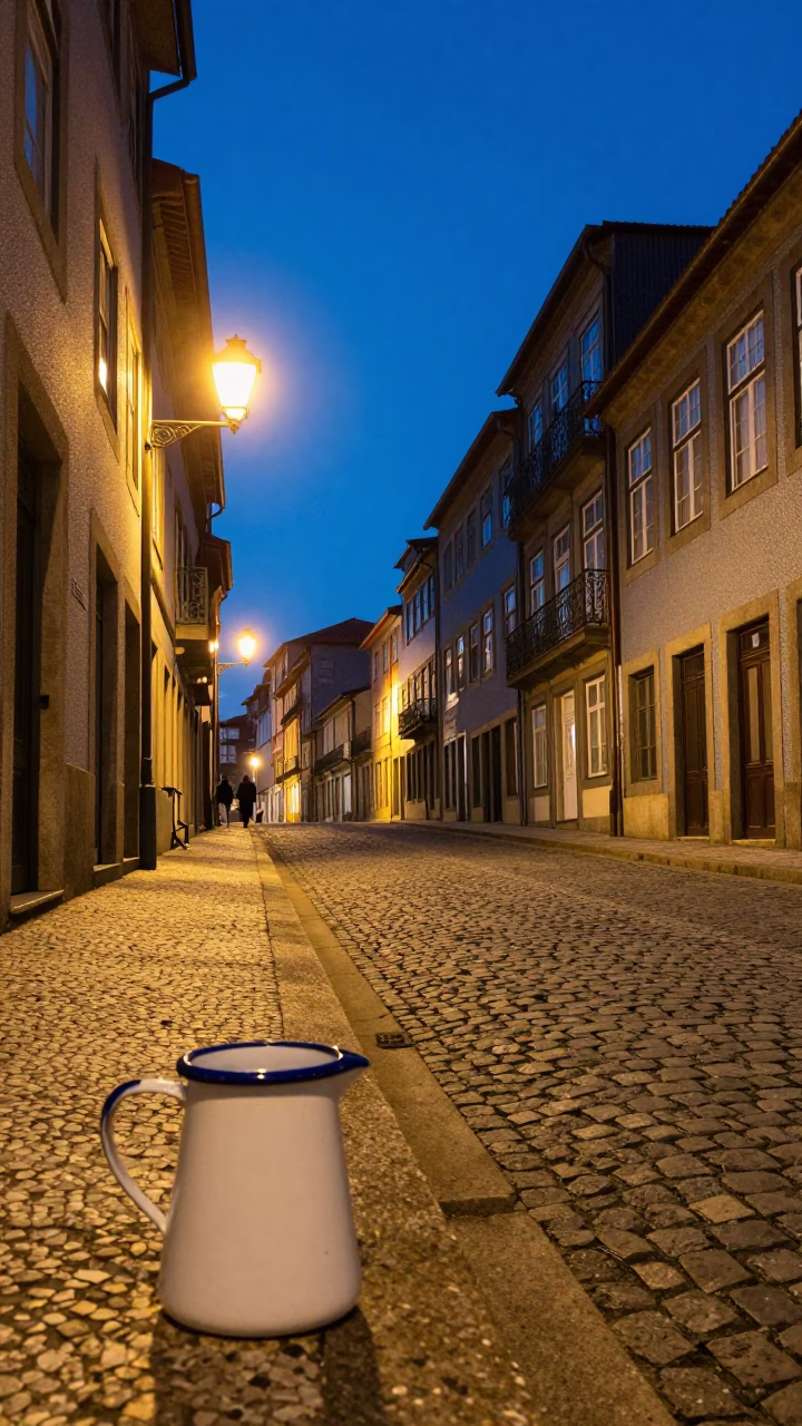 Blue Hour Street Scene in Porto Portugal with Enamel Pitcher and Cobblestone Alleyway in in Porto, Portugal